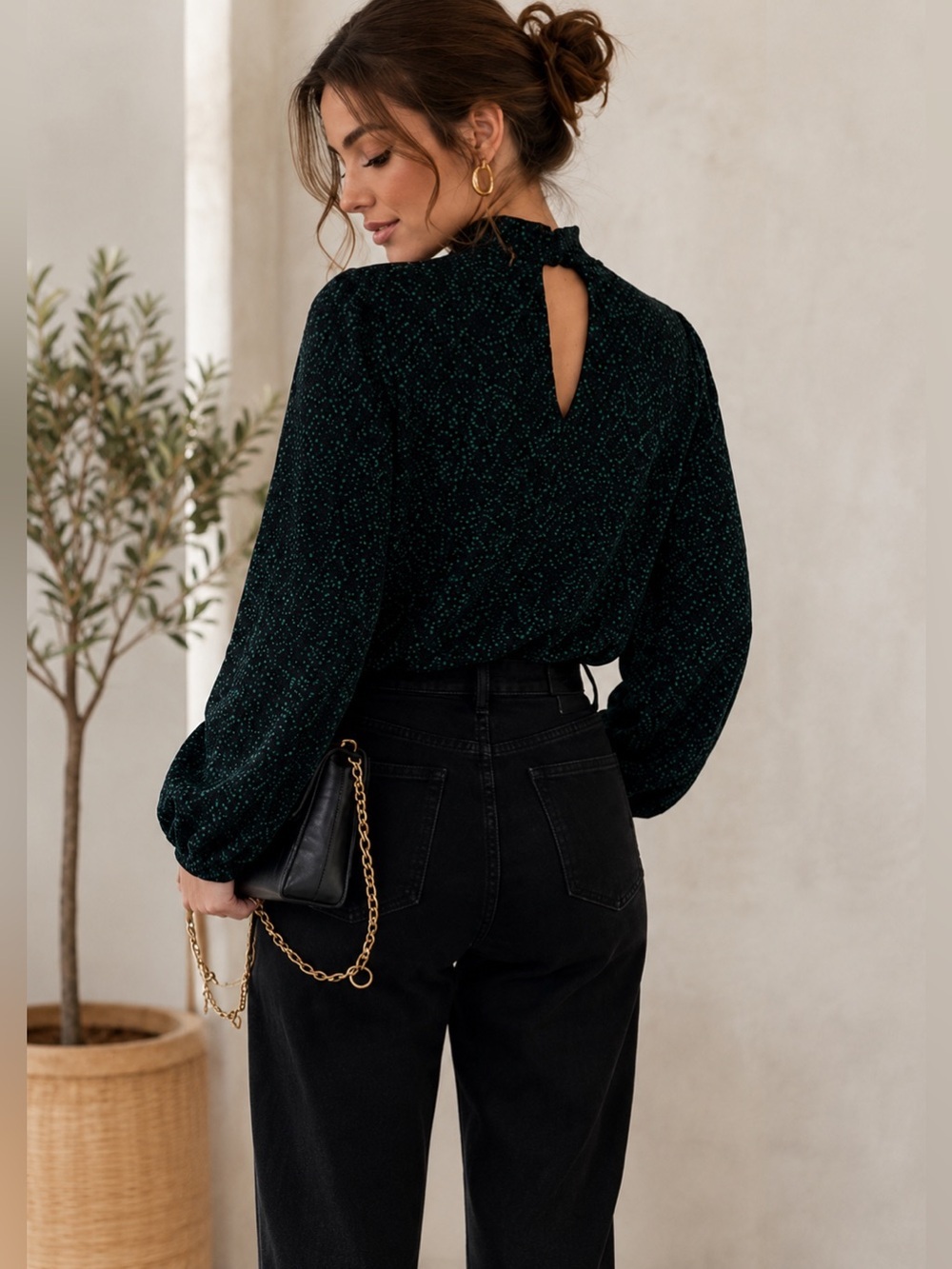 Zara Textured Floral Blouse Puff Sleeve Open Back Top Black Green Size S